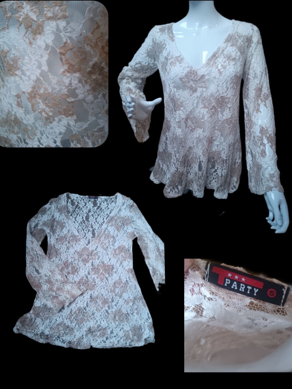 NOW $5.  T Party Lace V-Neck Long Sleeve Top in Cream and Biege.